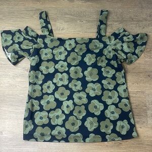 NWT Banana Republic Women’s Navy’s Floral Cold Shoulder Ruffle Sleeve Blouse Lrg